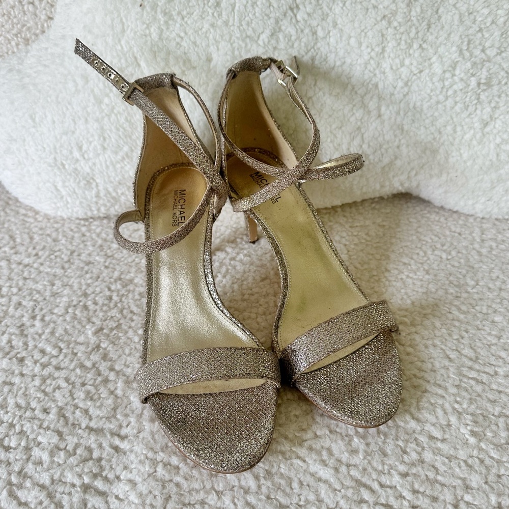 Michael Kors Ava elegant gold sparkle heeled sandals, size 7.5